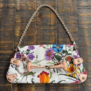 Unique Gucci Flora Handbag With Leather And Brass Horse Bit Accent!